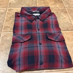 Columbia Mens Omni-Shade Plaid Button Down Shirt Red Navy Blue Long Sleeve L/G